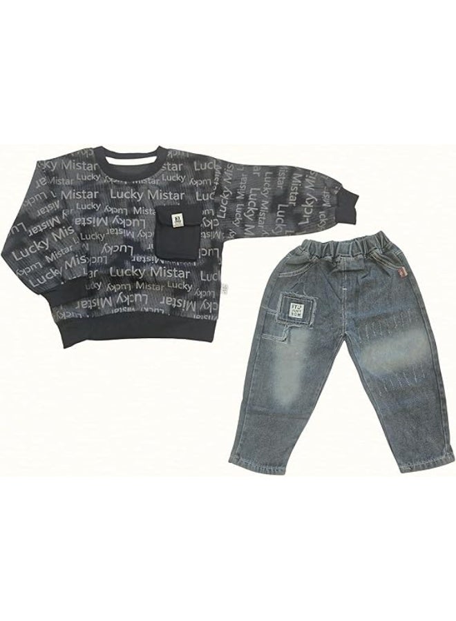 MINIIMODZ MINII MODZ Lucky Mistar Denim Set for Boys – Casual & Partywear Ethnic Dress Set, Boys T-Shirt & Pant - Image 1